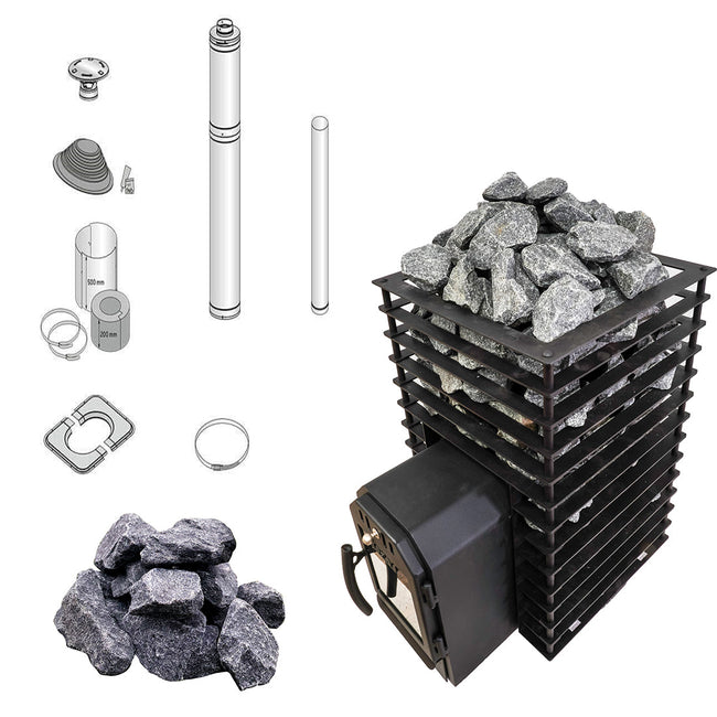 Cozy 18 Quattro TW | Holzofen mit Außenbefeuerung Komplettset mit BimSchV Stufe 2 - inkl. Schornsteinset & 100 kg Saunasteine