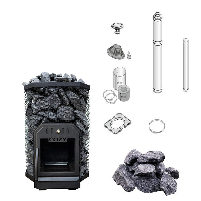 Cozy 18 | Saunaofen Holz Komplettset mit Zulassung BimSchV Stufe 2 - inkl. Schornsteinset nach Wahl & 100 kg harvia Saunasteine 10-15 cm