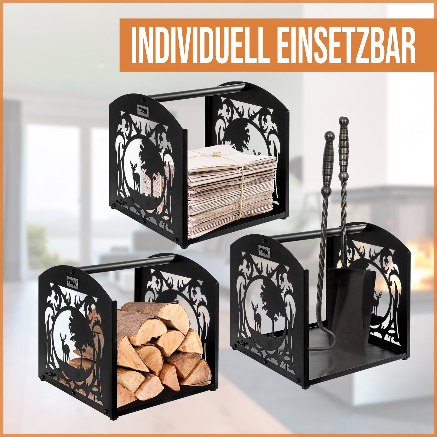 roqu carry-deer | Holzkorb aus Metall Holzträger mit Waldmotiv | Kaminholzhalter im klassischen Design