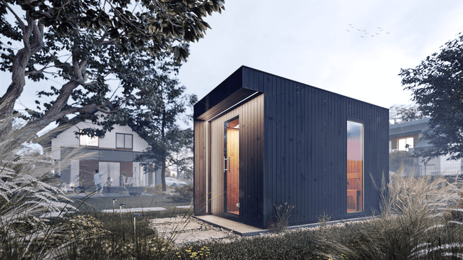 wellmia® Musta | Gartensauna aus Fichte mit Vorraum inkl. LED Bewegungsmelder | 200 x 396 x 236 cm (B/T/H)