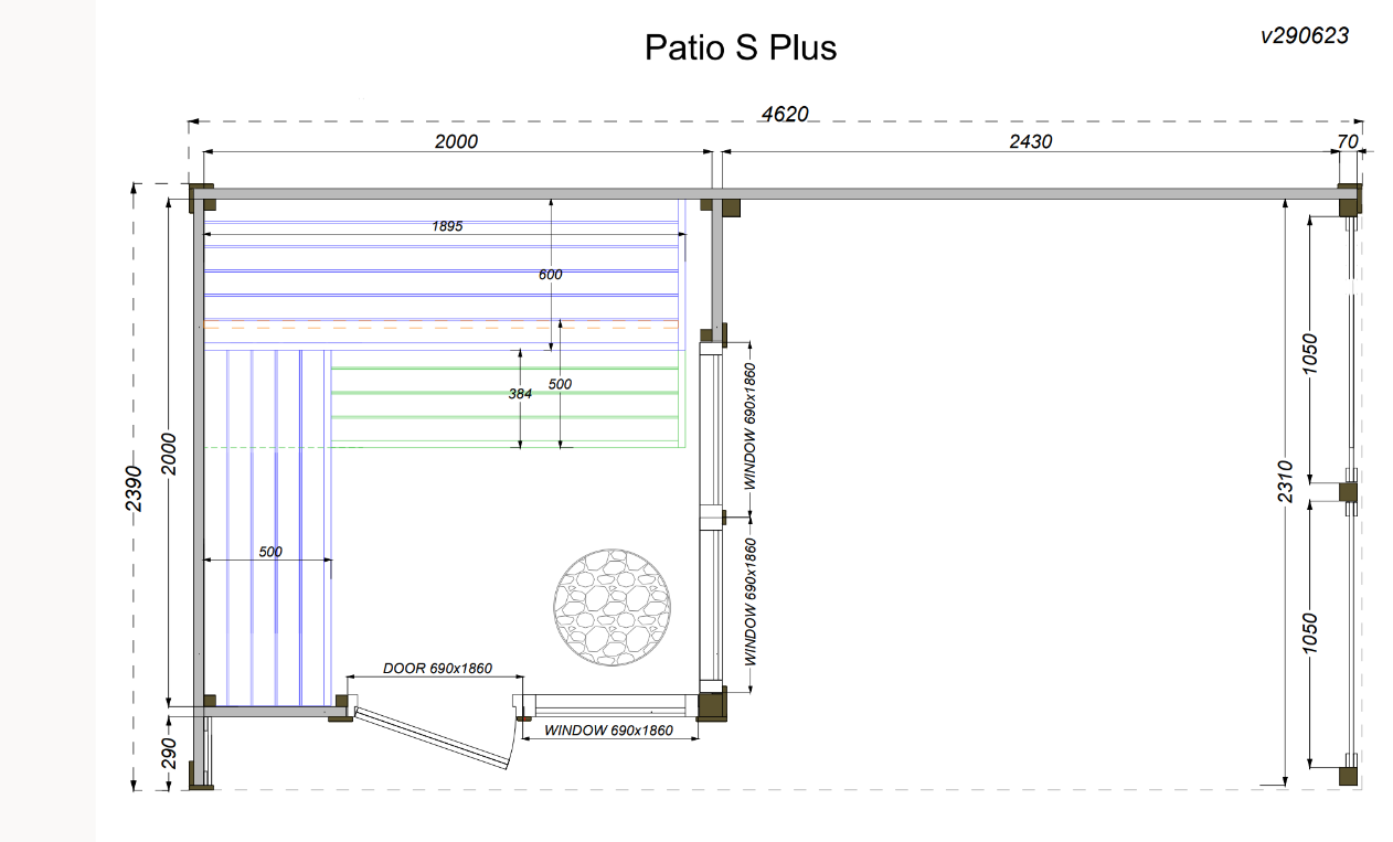 wellmia® Patio S Plus | Gartensauna aus Thermoholz mit Überdach |  462 x 239 x 254 cm (B/T/H)