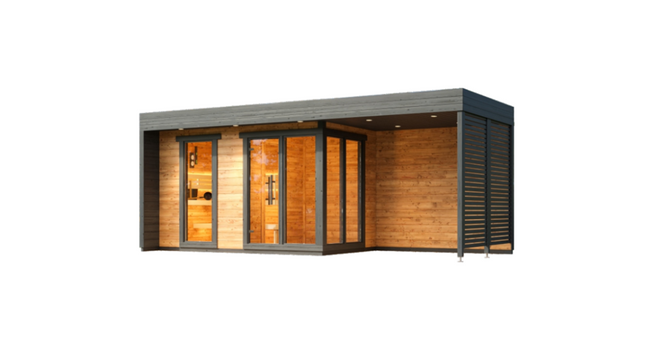 wellmia Patio L Plus | Gartensauna aus Thermoholz mit Vorraum und Überdach |  605 x 239 x 245 cm (B/T/H)