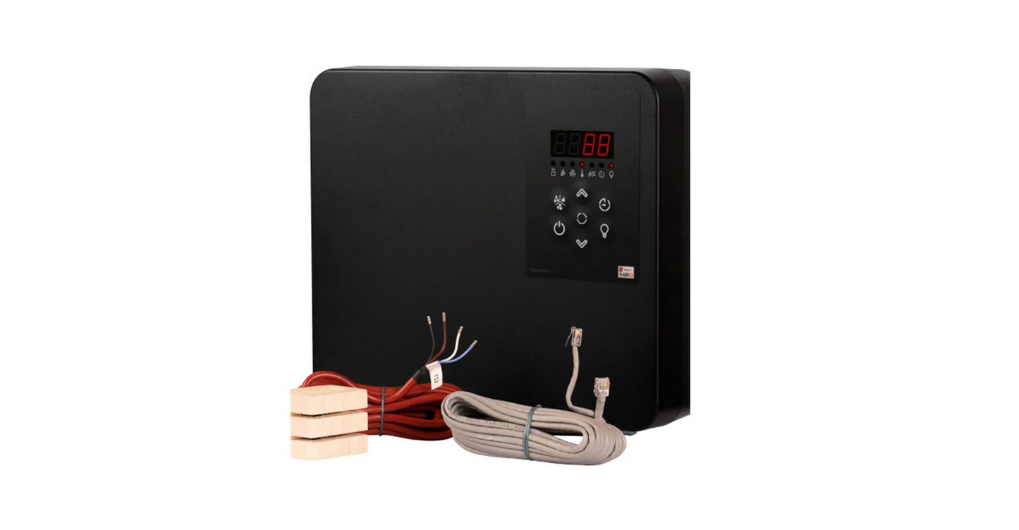 Sawo Nordex Black | Sauna Elektroofen Set mit Sawo Saunova 2.0 Steuerung und 20kg Harvia Saunasteine| 6 kW / 9 kW