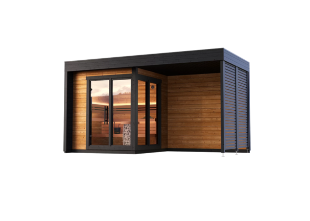 wellmia® Patio S Plus | Gartensauna aus Fichte oder Thermoholz mit Überdach | 462 x 239 x 254 cm (B/T/H)
