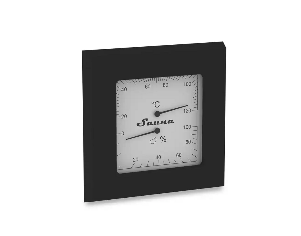 Sawo Premium Schwarz Sauna Zubehörset bestehend aus Saunakübel und Kelle, Sanduhr und Thermo-/Hygrometer