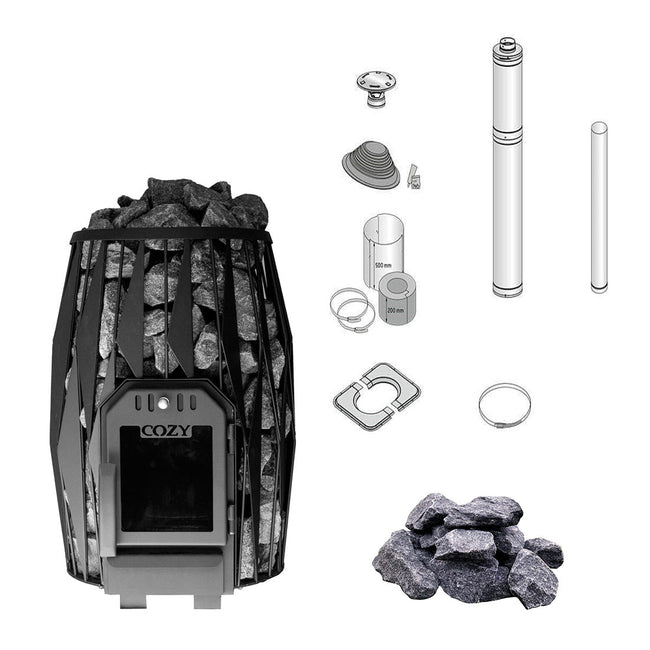 Cozy 12 OG |  Saunaofen Holz Komplettset mit Zulassung BimSchV Stufe 2 - inkl. Schornsteinset nach Wahl & 100 kg harvia Saunasteine 10-15 cm | 11,5 kW