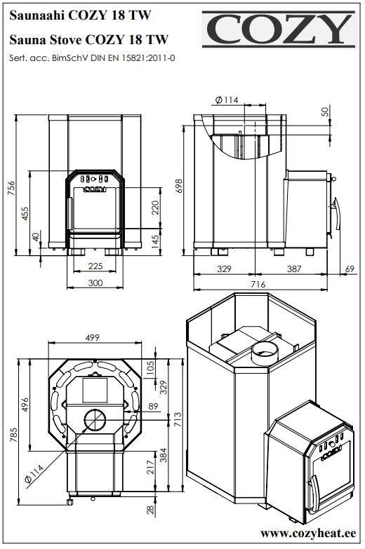 Cozy 18 TW | Saunaofen Holzofen mit Außenbefeuerung Komplettset mit BimSchV Stufe 2 - inkl. Schornsteinset nach Wahl & 100 kg Saunasteine