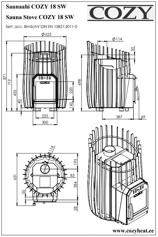 Cozy 18 SW | Saunaofen Holz Komplettset mit Zulassung BimSchV Stufe 2 - inkl. Schornsteinset nach Wahl & 100 kg original wellmia® Saunasteine 5-10 cm