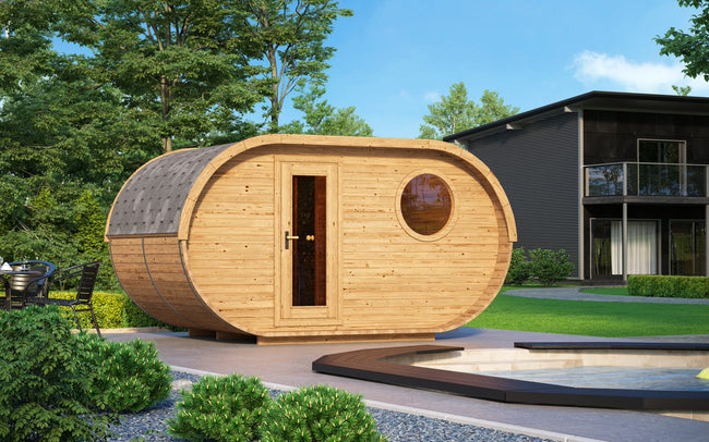 wellmia® Oval M | Gartensauna aus Fichte oder Thermoholz  |  400 x 240 x 220 cm (B/T/H)