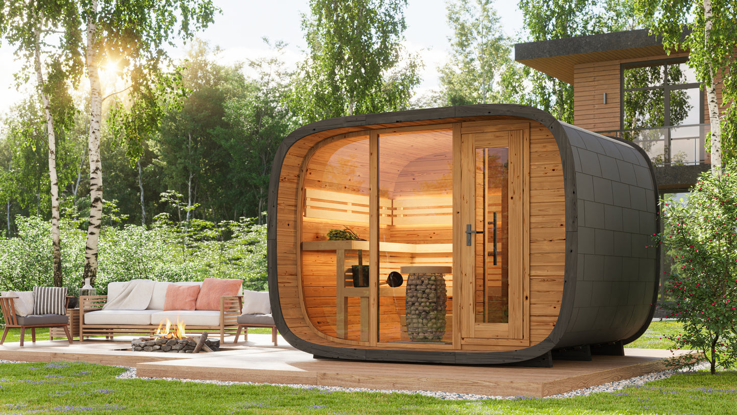 wellmia® Round Cube Double | Gartensauna aus Thermoholz Design |  versch. Maße