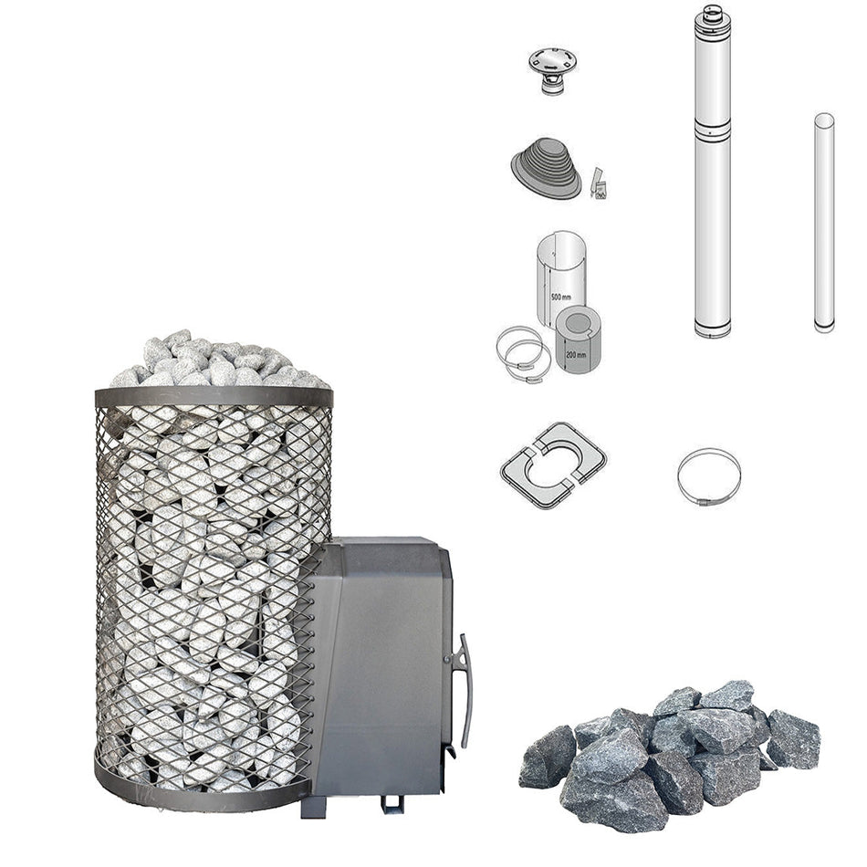 Cozy 12 O TW | Saunaofen Holz mit Außenbefeuerung | Holzofen Komplettset mit Zulassung | Schornsteinset nach Wahl & Saunasteine | 11,5 kW