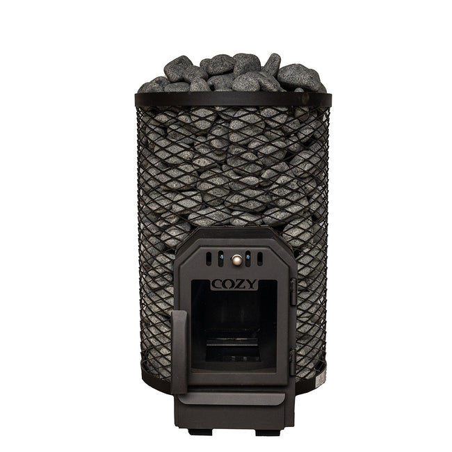 Cozy 12 O | Saunaofen Holz Komplettset mit Zulassung BimSchV Stufe 2 - inkl. Schornsteinset nach Wahl & 100 kg harvia Saunasteine 10-15 cm | 11,5 kW