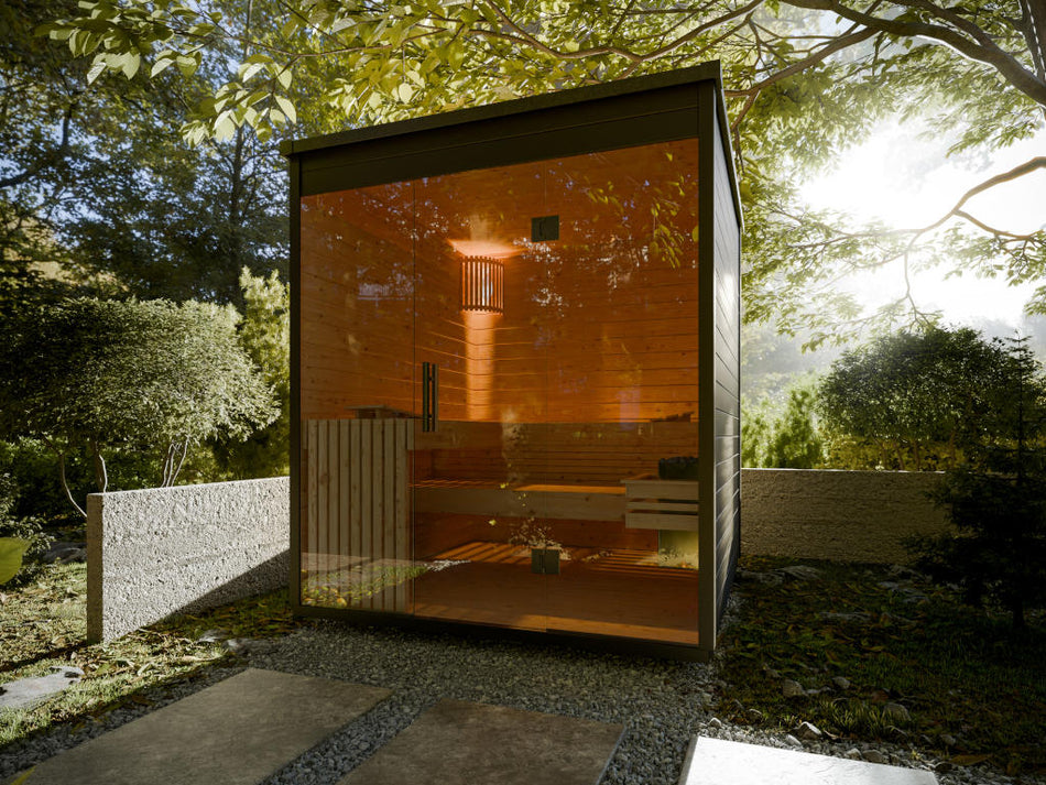 wellmia® Luna | Gartensauna aus Fichte mit Panoramafront | 200 x 196 cm x 220 cm (B/T/H) | für 4-6 Personen