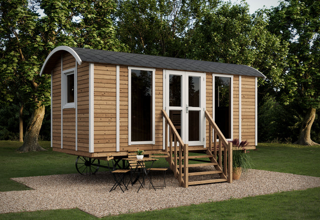 wellmia® Wagon | Mobile Gartensauna mit Räder | 5,38 x 2,61 m | für 4 Personen