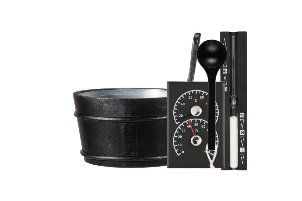 wellmia Classics Sauna Zubehörset bestehend aus Saunakübel und Kelle, Sanduhr und Thermo-/Hygrometer