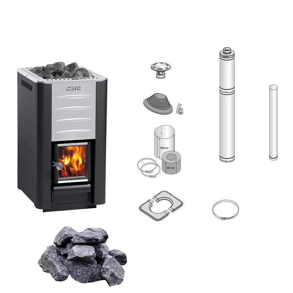Harvia 20 Pro | Saunaofen Holz Komplettset mit BimSchV Stufe 2 - inkl. Schornsteinset nach Wahl & 40 kg Saunasteine | 14,3 kW