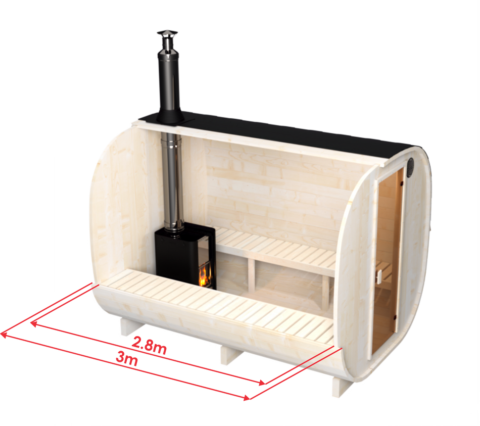 wellmia® Quadro Fasssauna Medium 300 cm | konfigurierbar | Saunafass mit großer Liegefläche für 6 Personen