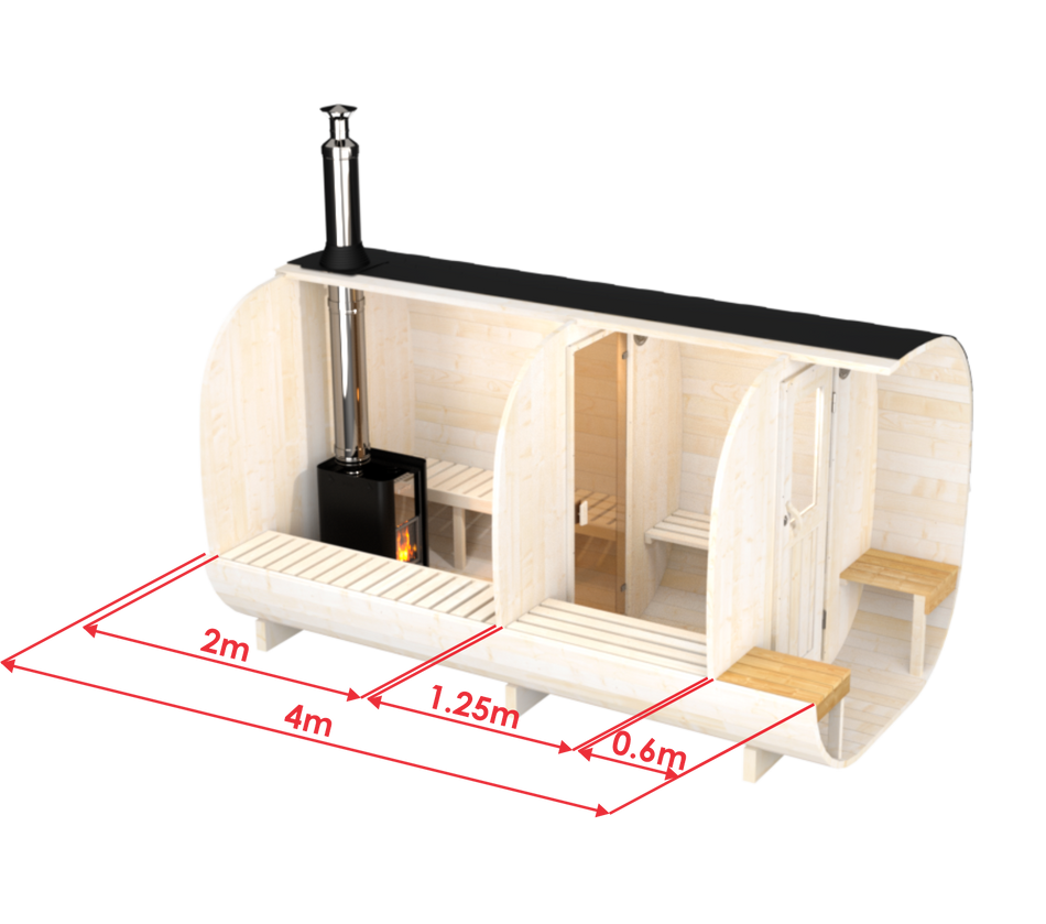 wellmia® Quadro Fasssauna Deluxe 400 cm | konfigurierbar | Saunafass mit Veranda und Vorraum für 4 Personen