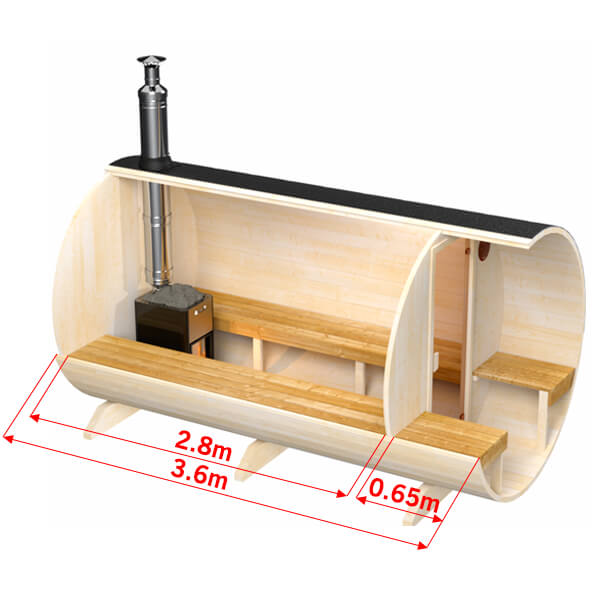wellmia® Fasssauna Large Veranda | 360 cm für 6-8 Personen | Konfigurierbar