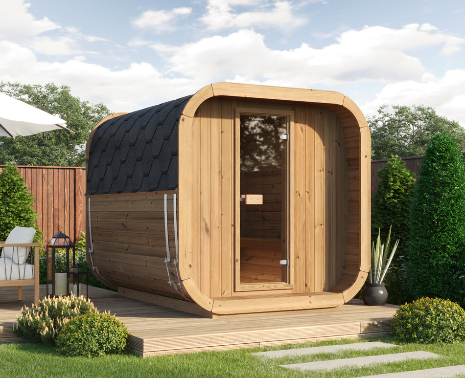 wellmia® Fasssauna Icon 250 T | Thermoholz Saunafass mit kleinen Dachüberstand | 2,50 x Ø 2,00 m | für 6 Personen