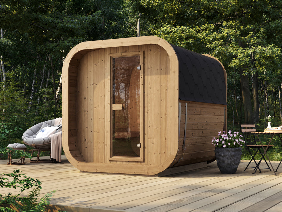 wellmia® Fasssauna Icon 200 T | Thermoholz Saunafass mit kleinen Dachüberstand | 2,00 x Ø 2,00 m | für 4 - 6 Personen