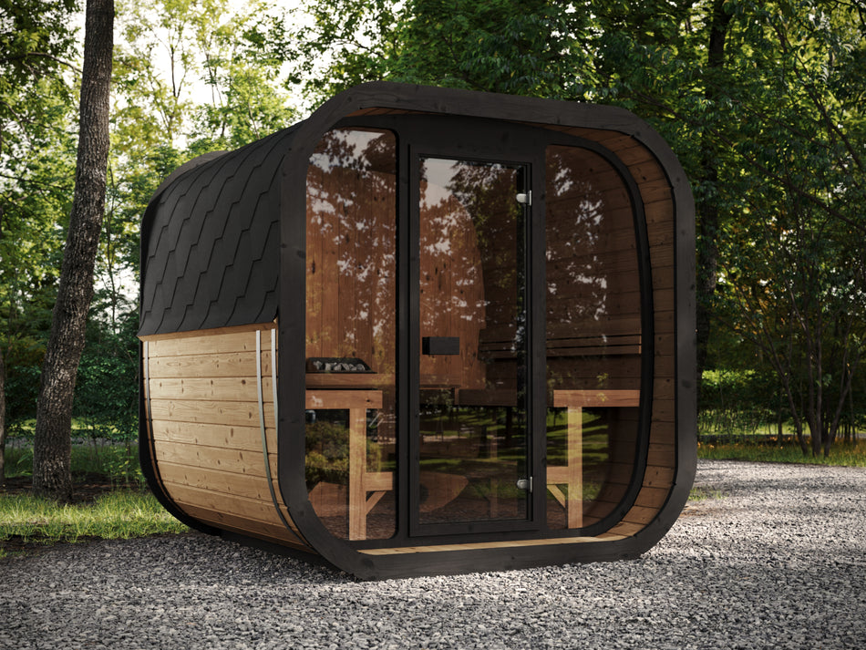 wellmia® Fasssauna Icon 220 XL | Black Edition | Thermoholz Saunafass mit Glasfront | 2,20 x Ø 2,26 m | für 4 - 6 Personen