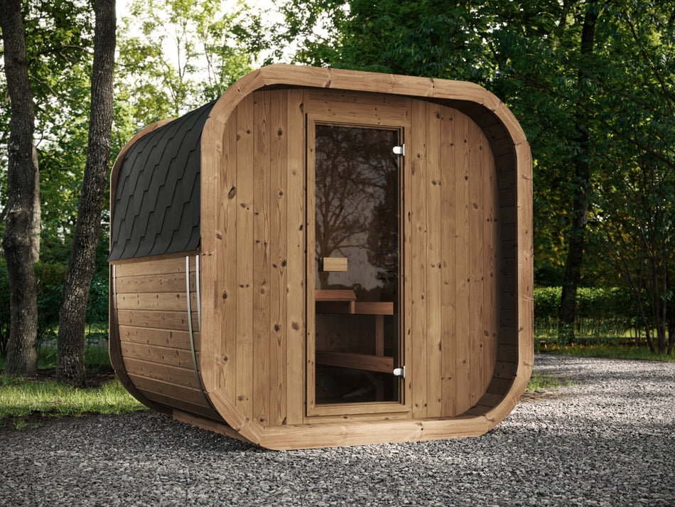 wellmia® Fasssauna Icon 220 XL | Thermoholz Saunafass mit kleinen Dachüberstand | 2,20 x Ø 2,26 m | für 4 - 6 Personen