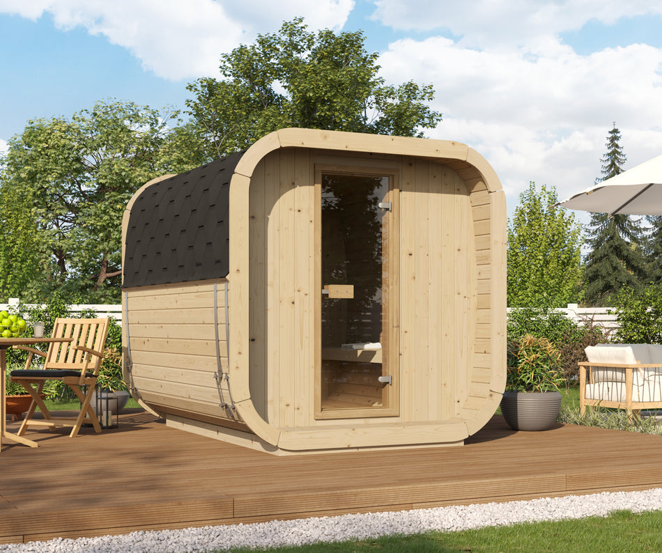 wellmia® Fasssauna Icon 250 S | Nordische Fichte | Saunafass mit kleinen Dachüberstand | 2,50 x Ø 2,00 m | für 6 Personen