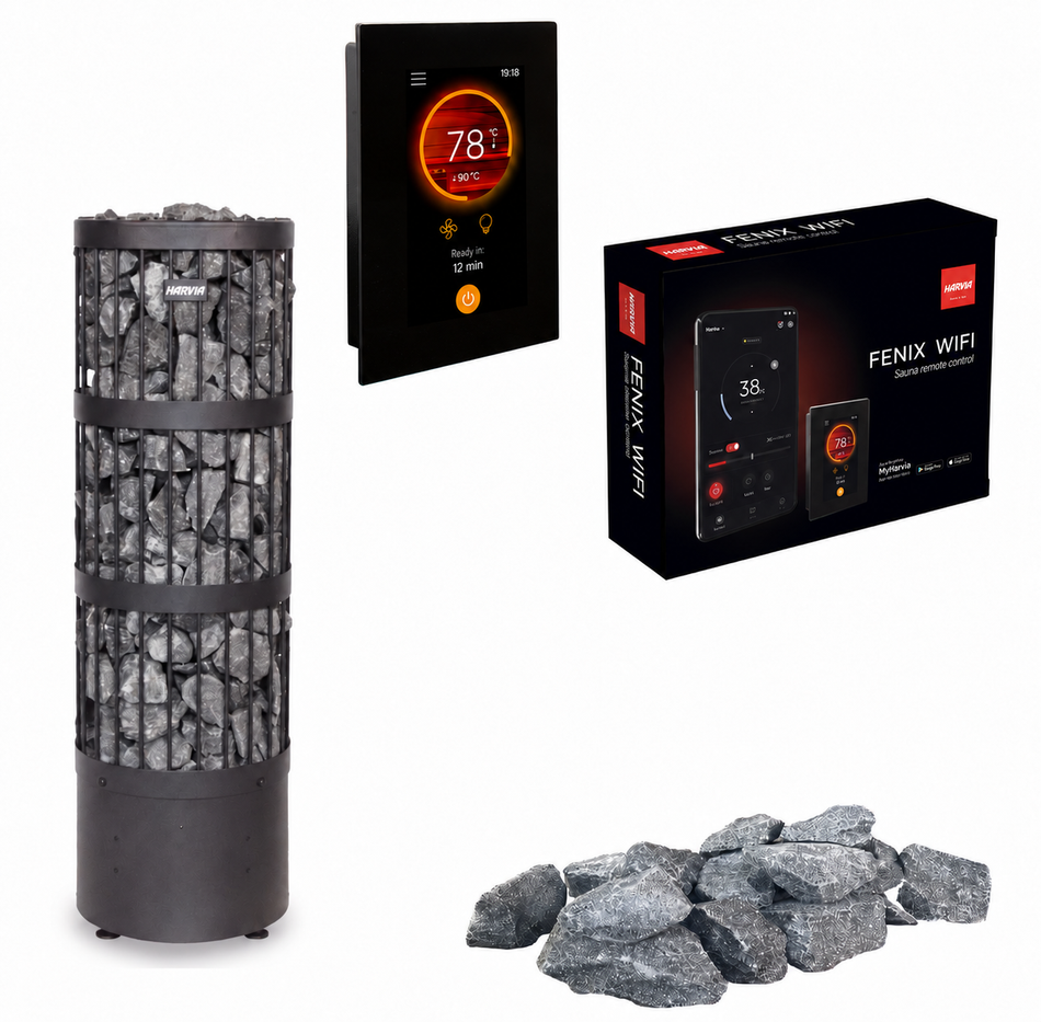 Harvia Legend Home FC | Elektro Saunaofen Set mit FX110 Bedienfeld + Fenix WIFI Steuerung über das Handy und Harvia Saunasteine | 6,8 kW / 10,8 kW