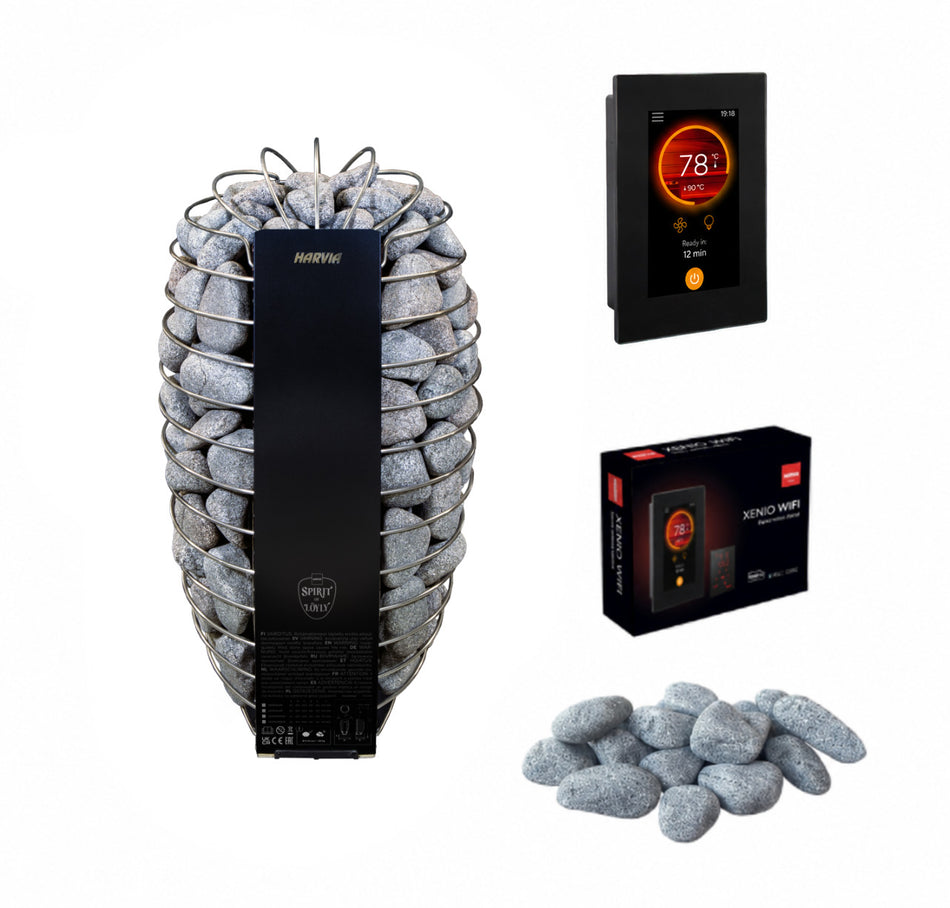 Harvia Spirit FC | Elektro Saunaofen Set mit Fenix Bedienfeld + WIFI Steuerung über das Handy + 60kg runde Saunasteine | 6 kW / 9 kW