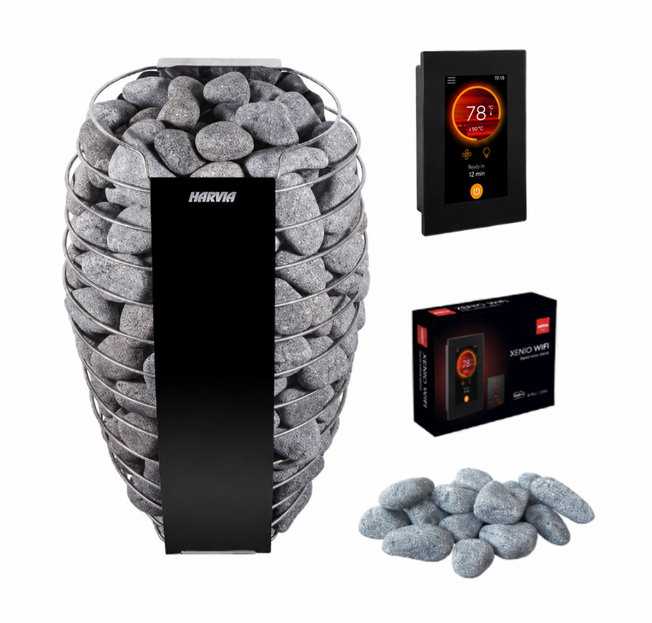 Harvia Spirit FC | Elektro Saunaofen Set mit Fenix Bedienfeld + WIFI Steuerung über das Handy + 60kg runde Saunasteine | 6 kW / 9 kW