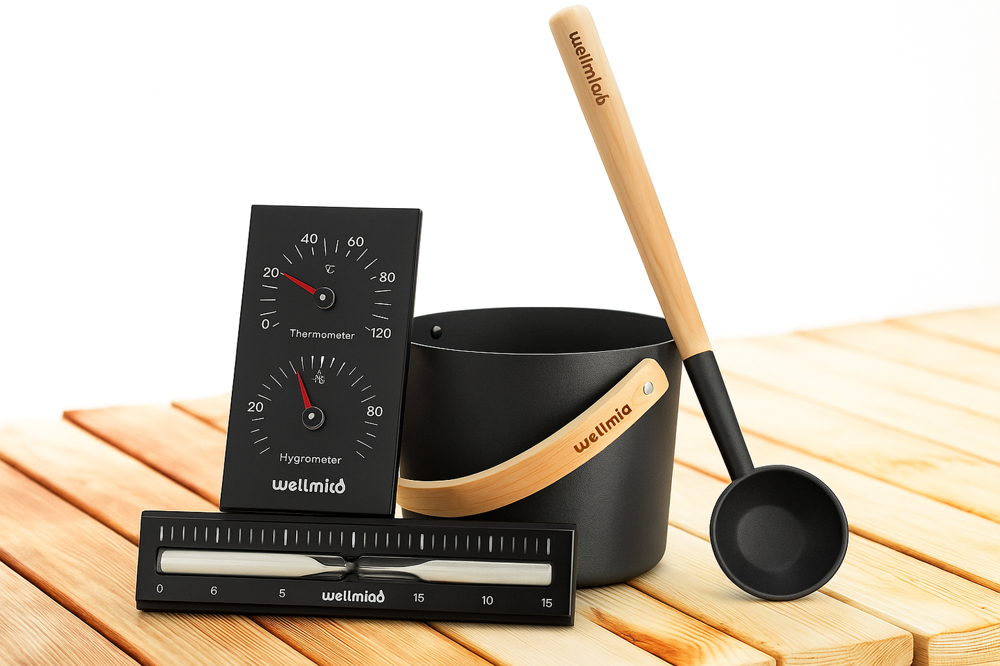 wellmia Classic Sauna Zubehörset bestehend aus Saunakübel und Kelle, Sanduhr und Thermo-/Hygrometer