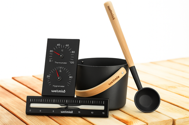 wellmia Classic Sauna Zubehörset bestehend aus Saunakübel und Kelle, Sanduhr und Thermo-/Hygrometer