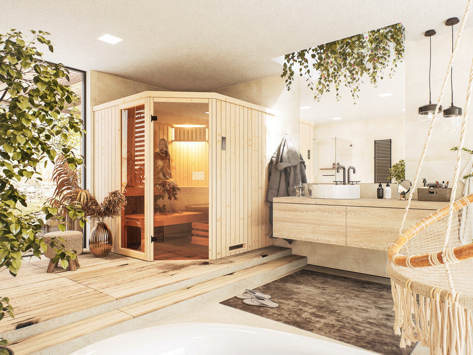 wellmia® Vital Corner+ | Innensauna Eckmodell mit Fensterelement Bausatz Fichtenholz | versch. Größen