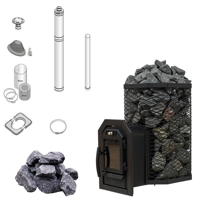 Cozy 12 TW | Saunaofen Holzofen mit Außenbefeuerung Komplettset mit BimSchV Stufe 2 - inkl. Schornsteinset & 100 kg Saunasteine | 11,5 kW