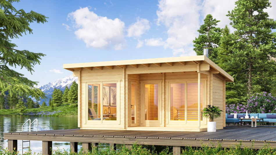 wellmia® Hagen | Gartensauna mit Vorraum und Dachüberstand Fichtenholz | 558 x 341 x 208 cm (B/T/H)