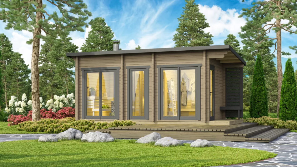 wellmia Halden XL | Gartensauna mit Vorraum und Überdach Fichtenholz  | 254 x 568 x 274 cm (B/T/H)