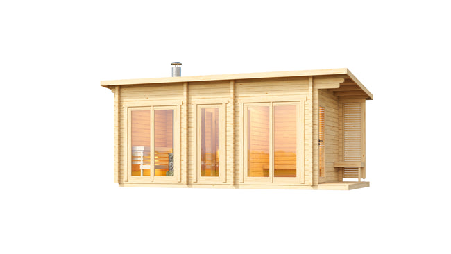 wellmia Halden XL | Gartensauna mit Vorraum und Überdach Fichtenholz  | 254 x 568 x 274 cm (B/T/H)