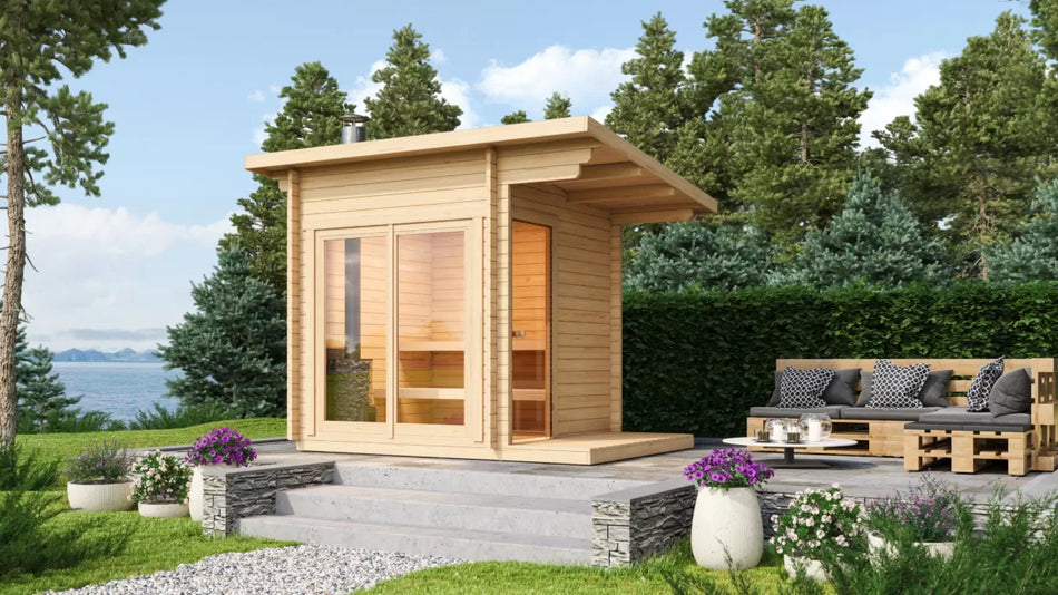 wellmia Halden XS | Gartensauna mit Überhangdach Fichtenholz | 208 x 208 x 261 cm (B/T/H)