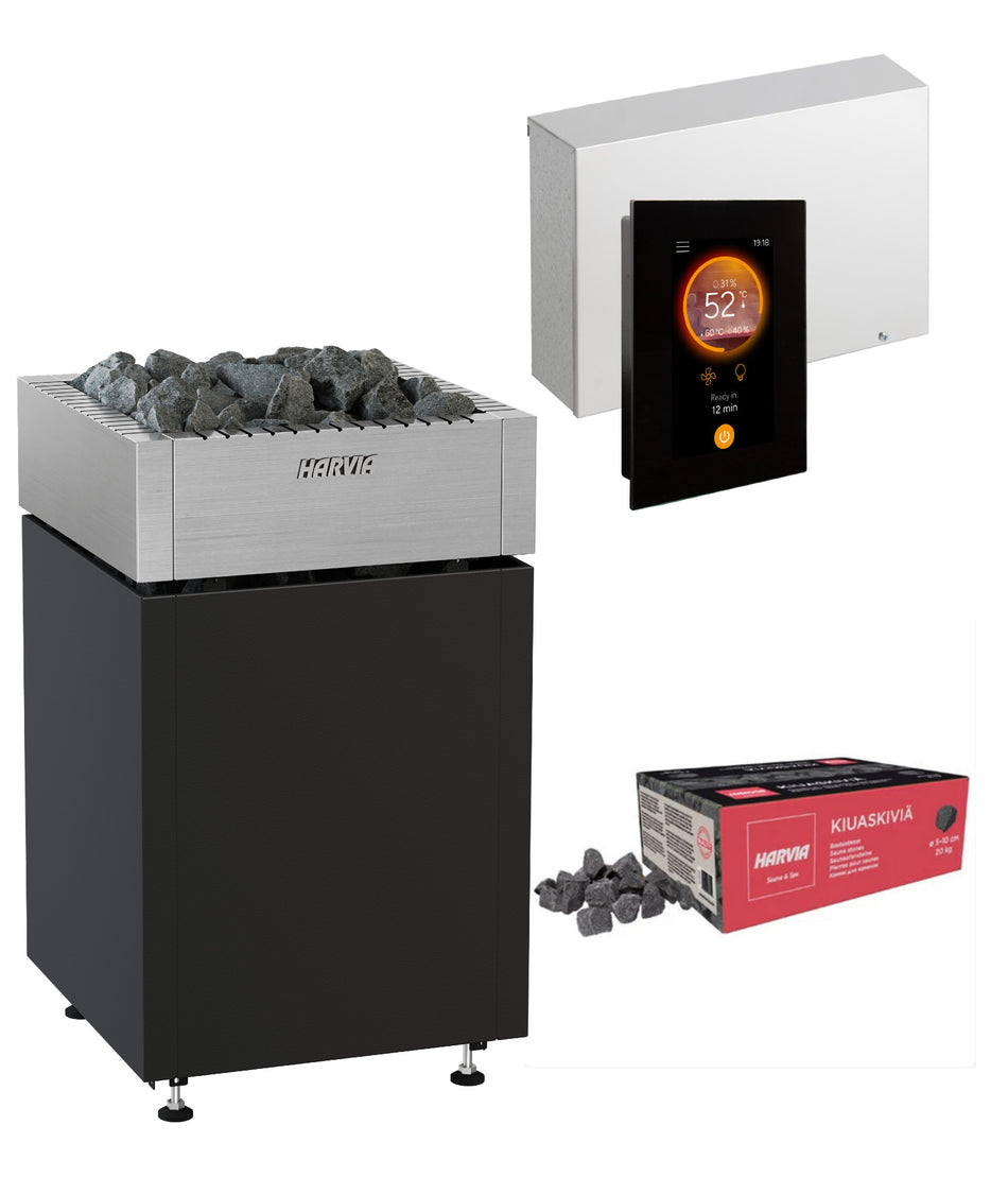 Harvia Qube Komplettset | Elektroofen mit Fenix 110/170 WIFI Steuerung und 40kg Saunasteine | 9 kW/ 12 kW/ 15 kW
