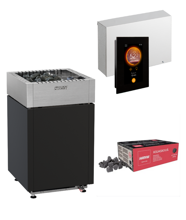 Harvia Qube Combi Komplettset | Bi-O/Combi Elektroofen mit Fenix 110C WIFI Steuerung und 40kg Saunasteine | 9 kW/ 12 kW/ 15 kW
