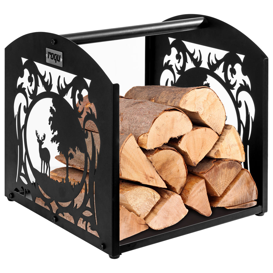 roqu carry-deer | Holzkorb aus Metall Holzträger mit Waldmotiv | Kaminholzhalter im klassischen Design