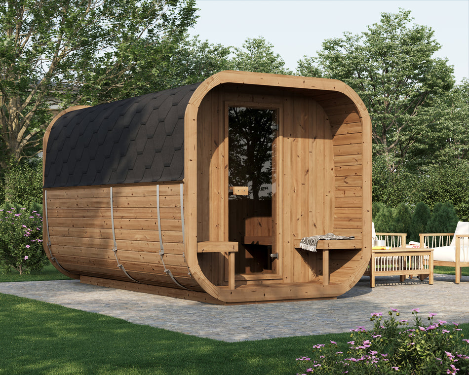 wellmia® Fasssauna Icon 385 XL | Thermoholz Saunafass mit Vorraum und Veranda | 3,85 x Ø 2,26 m | für 4 - 6 Personen