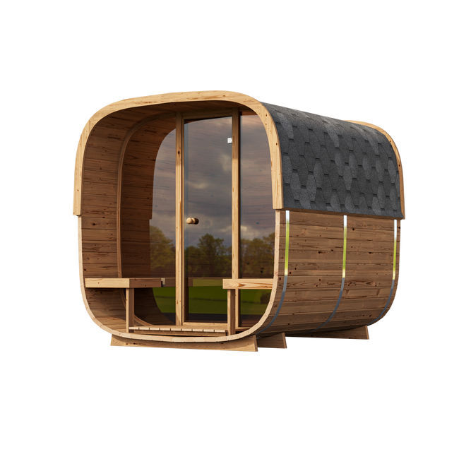 wellmia® Quadro+ XS Fasssauna mit U-Bänken | Saunafass mit Terrasse konfigurierbar | 255 cm
