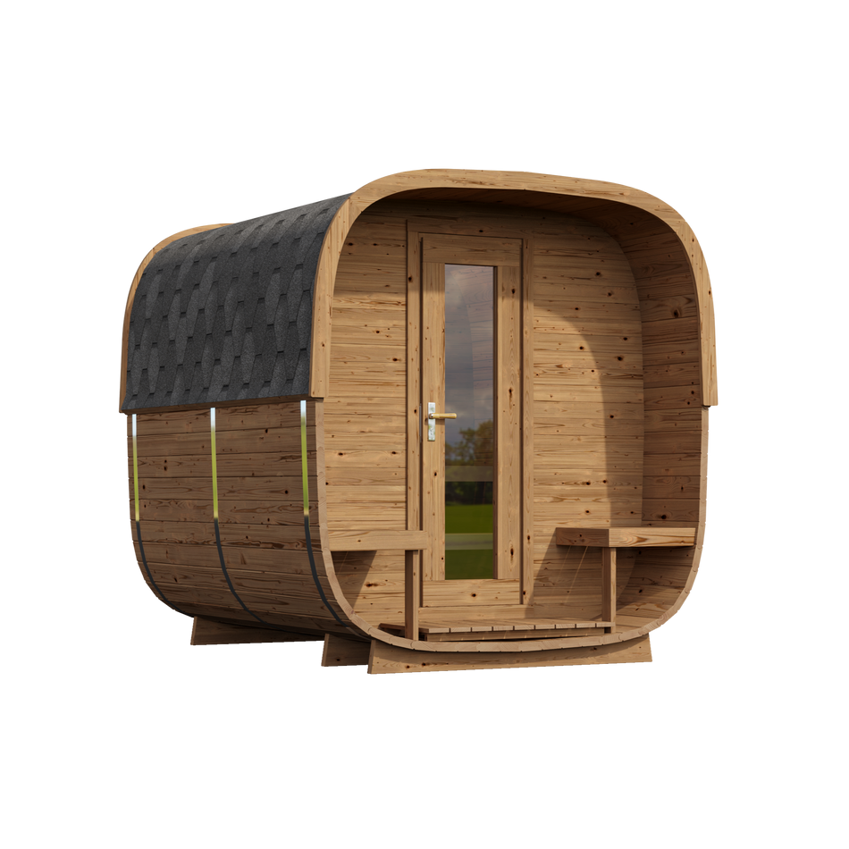 wellmia® Quadro+ XS Fasssauna mit U-Bänken | Saunafass mit Terrasse konfigurierbar für 4 Personen | 255 cm