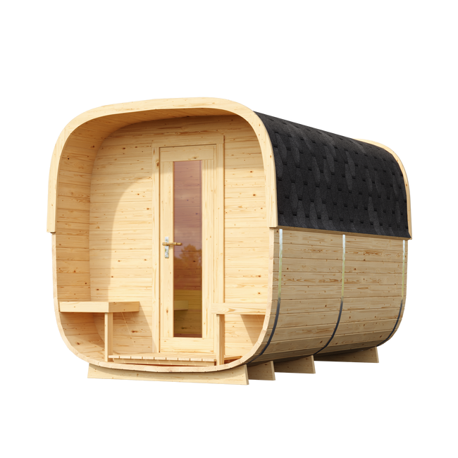 wellmia® Quadro+ L Fasssauna | Saunafass mit Vorraum und Terrasse konfigurierbar | 335 cm