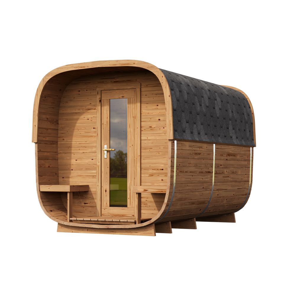 wellmia® Quadro+ L Fasssauna | Saunafass mit Vorraum und Terrasse konfigurierbar für 4 Personen | 335 cm