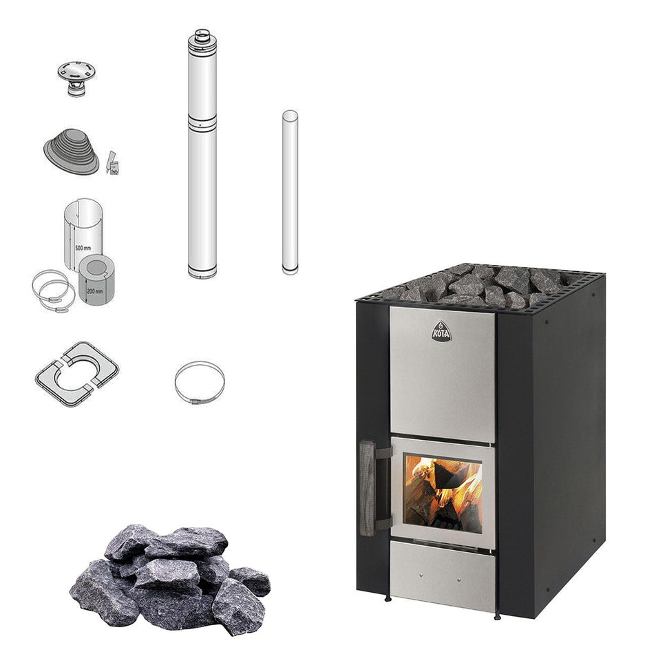 wellmia® Stan 14 | Saunaofen Holz Komplettset inkl. Schornsteinset nach Wahl & 40 kg Saunasteine | 14 kW
