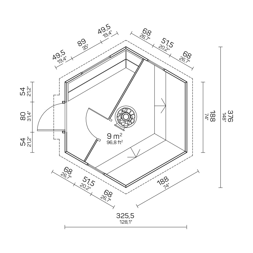 wellmia® Kota Tjark | Saunakota 9m² | 317 cm x 367 cm x 310 (B x T x H)