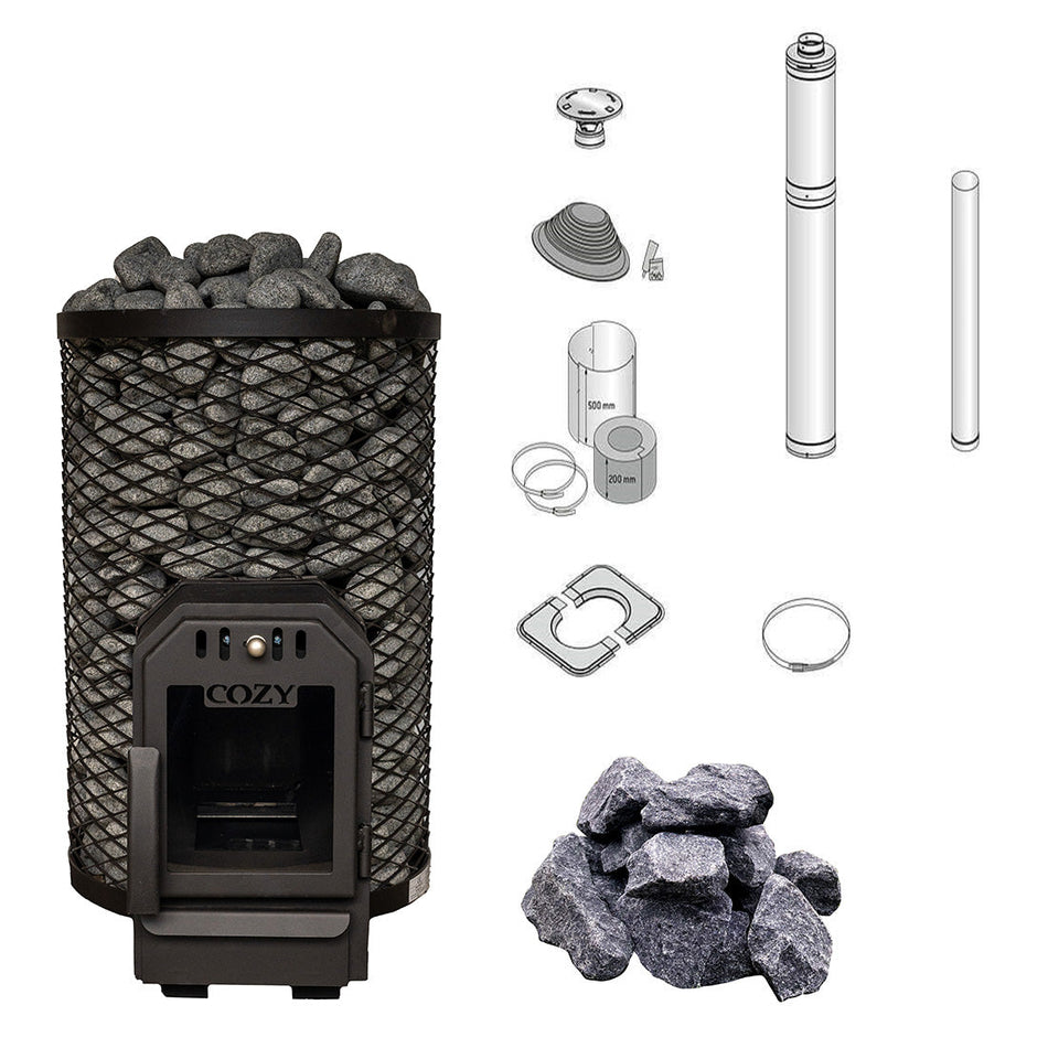 Cozy 18 O | Komplettset inkl. Schornsteinset nach Wahl & 100 kg harvia Saunasteine 10-15 cm
